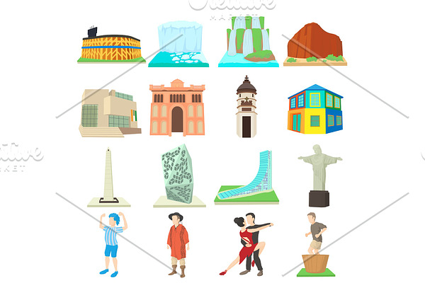 Argentina travel icons set, cartoon