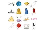 Sewing icons set, cartoon style