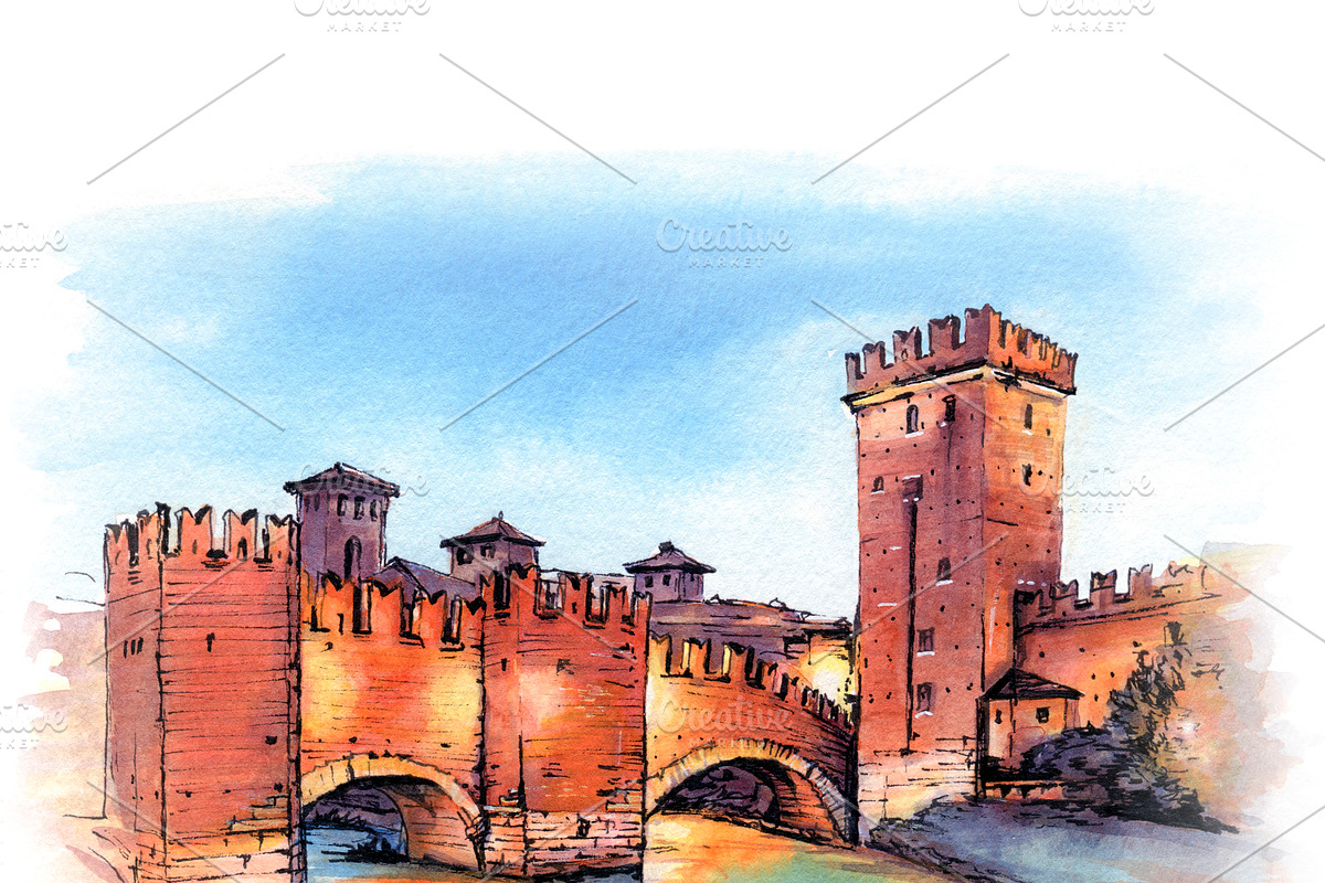 Scaliger Bridge in Verona, Italy. in Illustrations - product preview 8