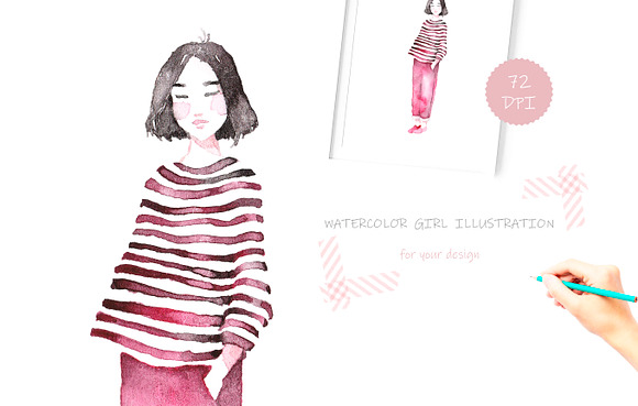 Watercolor girl illustration in Illustrations - product preview 2