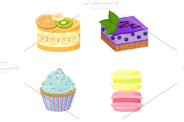 Set of Cute Cakes Isolated on White