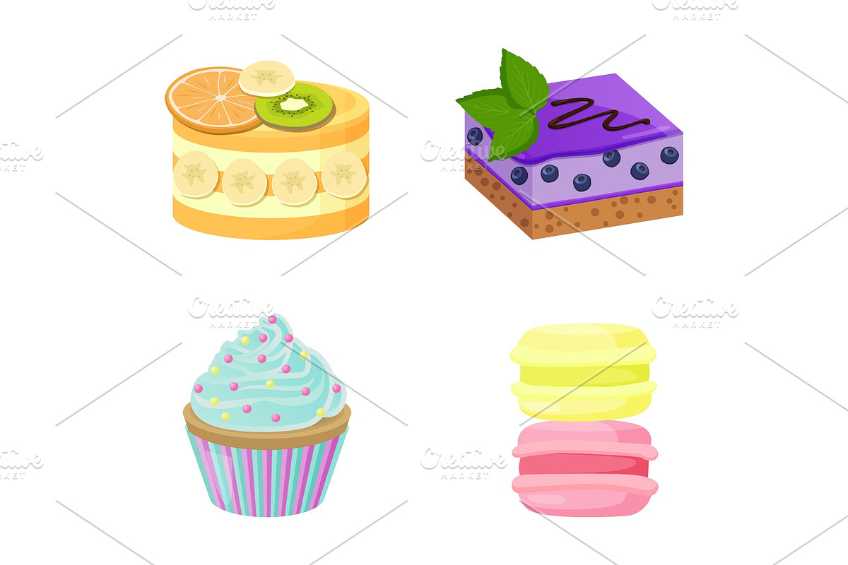 Set of Cute Cakes Isolated on White in Illustrations - product preview 8