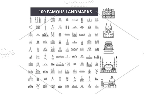 Famous landmarks editable line icons