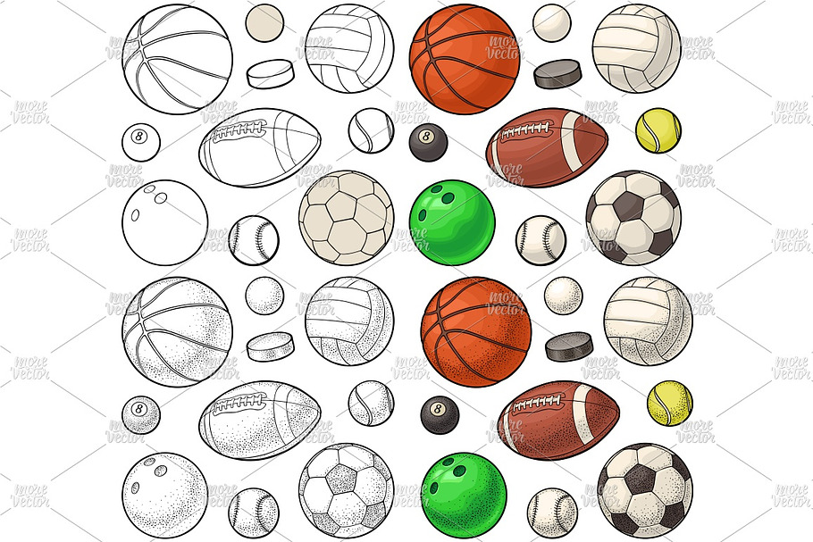 Set sport balls icons. Engraving