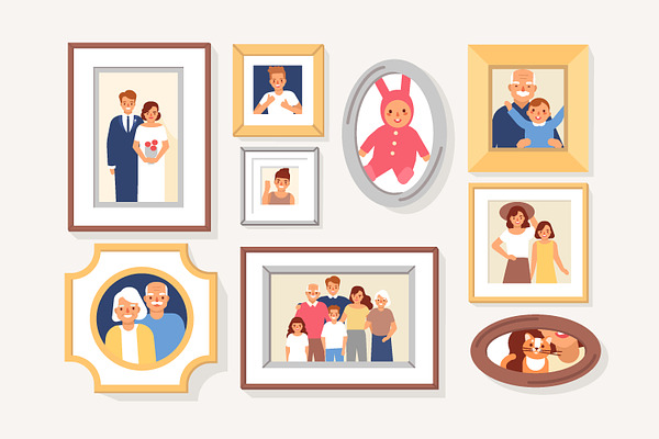 Family portraits in photo frames