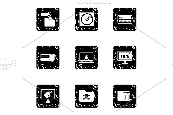 Ddos attack icons set, grunge style