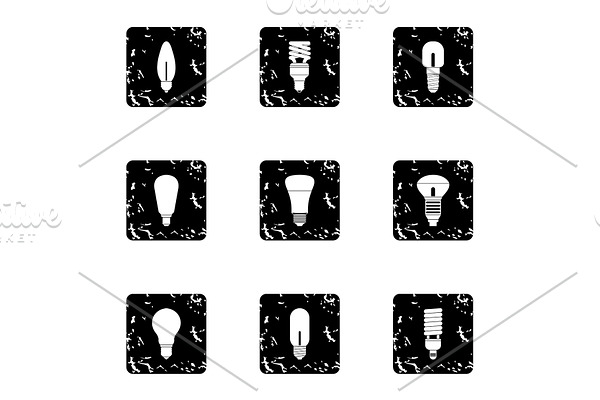 Types of lamps icons set, grunge