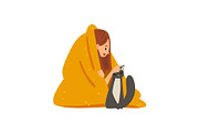 Girl Sitting on Floor Under Blanket