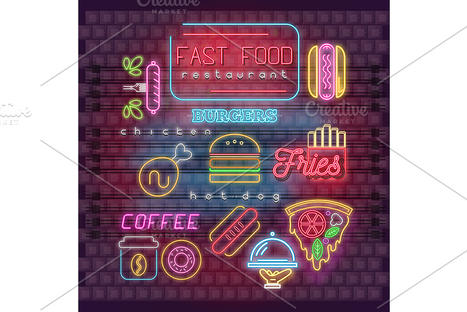 Neon Fast Food Icons Set