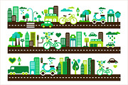 Green city, buildings and cars icons