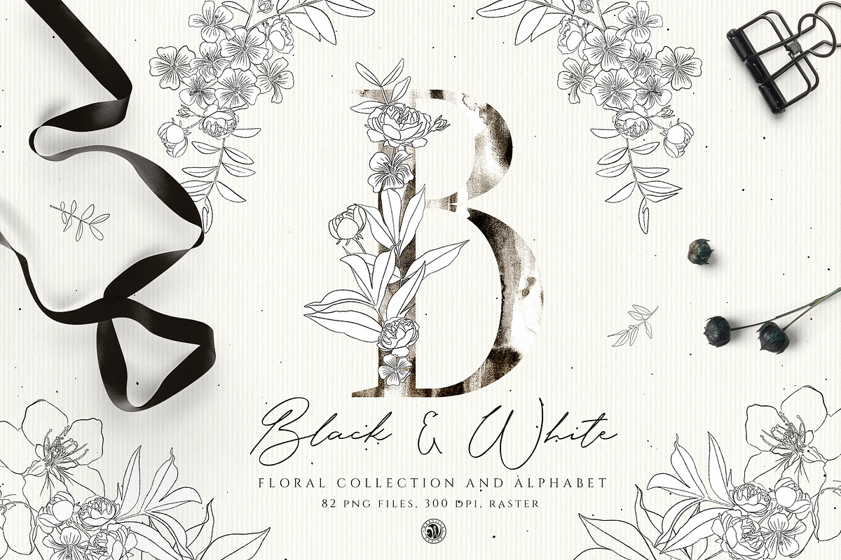 Black & White Floral Alphabet in Illustrations - product preview 8