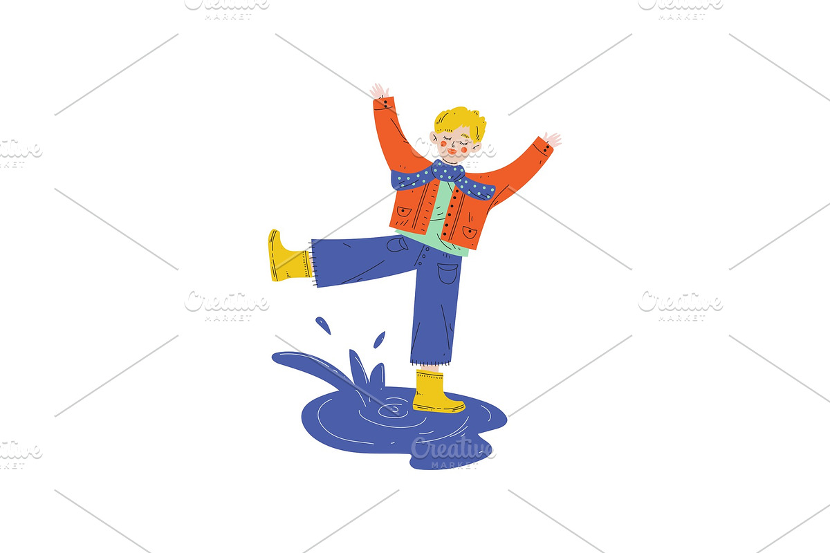 Boy Playing in Puddle, Kids Spring in Illustrations - product preview 8