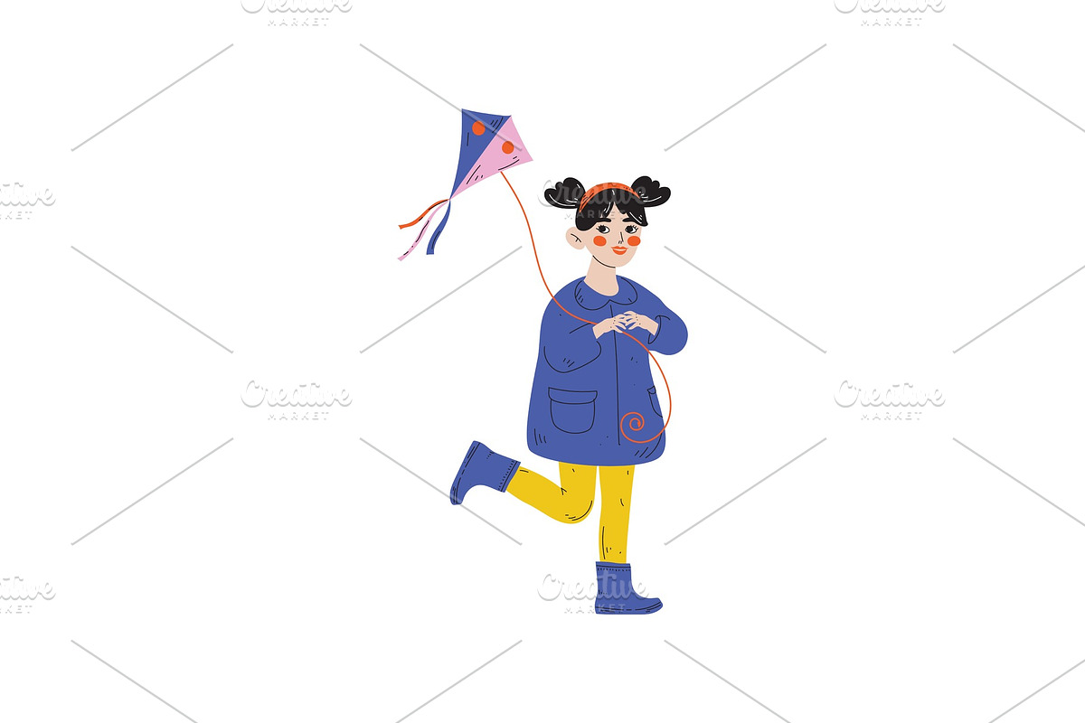 Girl Playing Kite, Kids Spring or in Illustrations - product preview 8