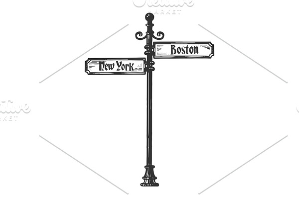Old urban road signpost engraving