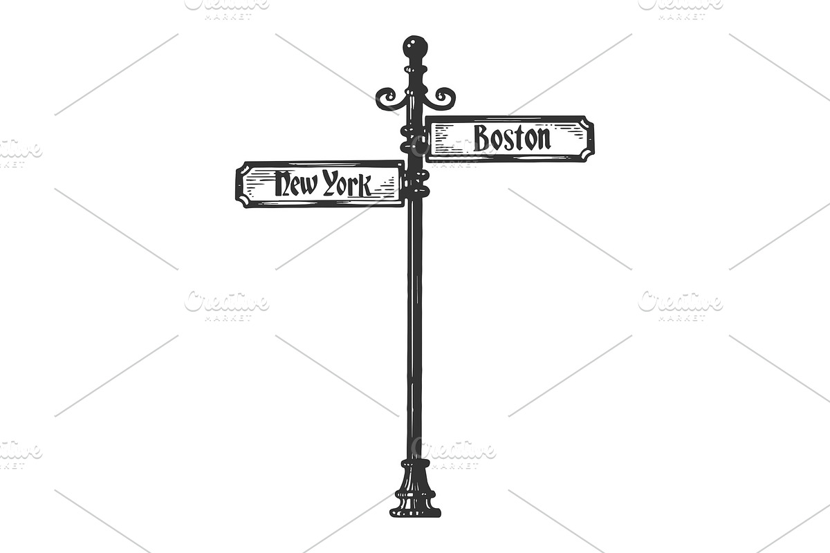 Old urban road signpost engraving in Objects - product preview 8