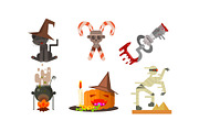 Halloween icons set, black cat in a