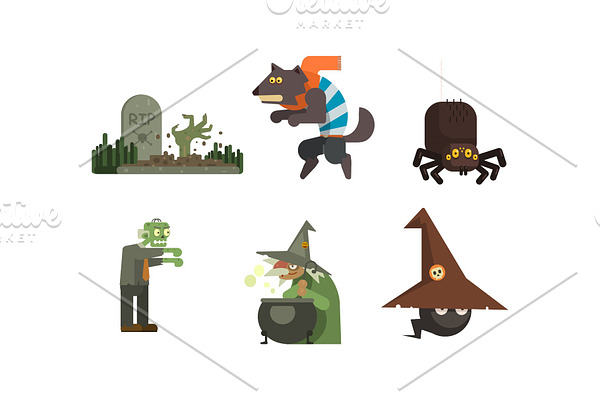 Halloween icons set, grave with