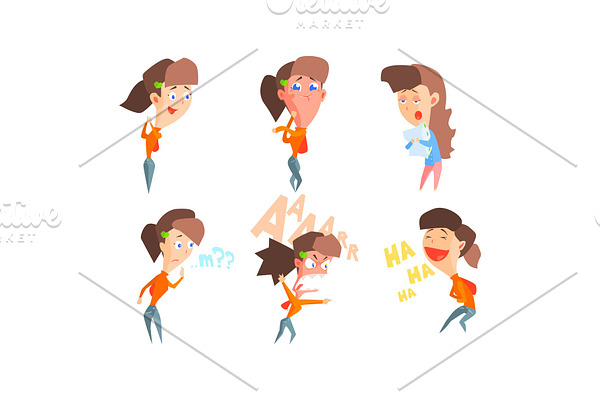 Girl showing different emotions set
