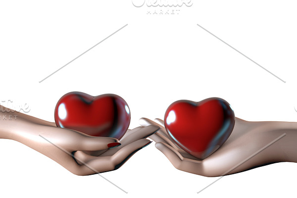 3d two woman man hands holding heart