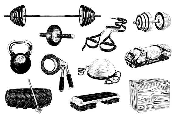 Gym equipment hand drawn sketches in Objects - product preview 1