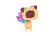 Pug dog with bouquet of flowers