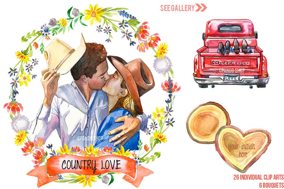 Country love watercolor clip art in Illustrations - product preview 8