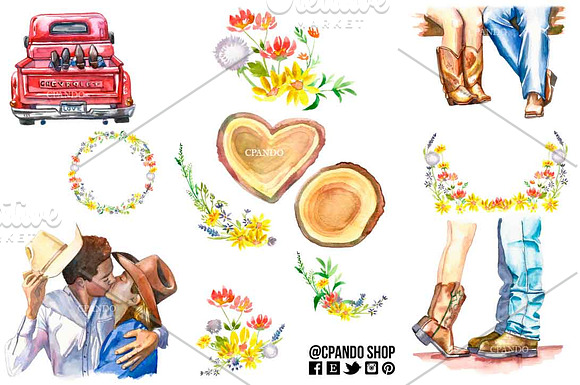 Country love watercolor clip art in Illustrations - product preview 2