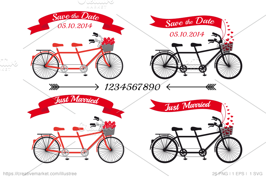 Tandem wedding bicycle, vector set