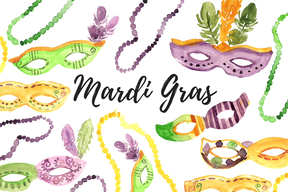 Watercolor Mardi Gras Mask Clipart in Illustrations - product preview 8