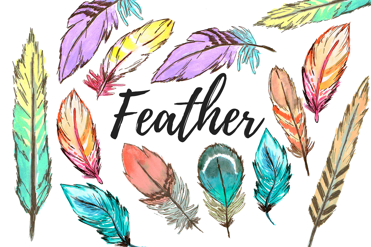 Watercolor bohemian feather clipart in Illustrations - product preview 8