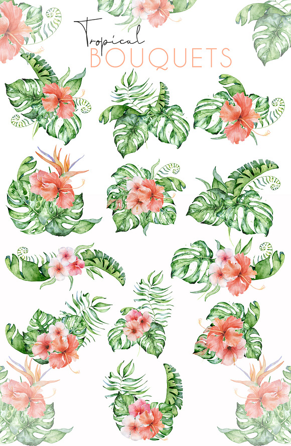 24 Tropical bouquets watercolor in Illustrations - product preview 1