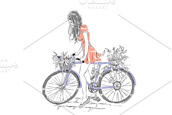 Cute girl riding bike. Bicycle in Illustrations - product preview 2