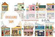 Hand painted set of cute shops