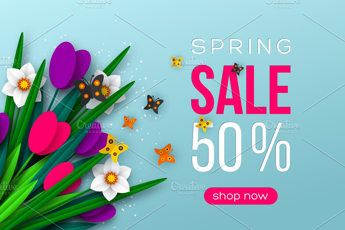 Spring sale banner with paper cut in Illustrations - product preview 8