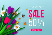 Spring sale banner with paper cut