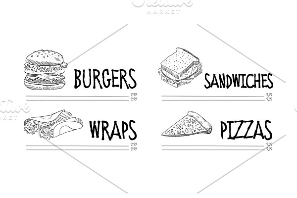 Hand drawn menu of fast food cafe