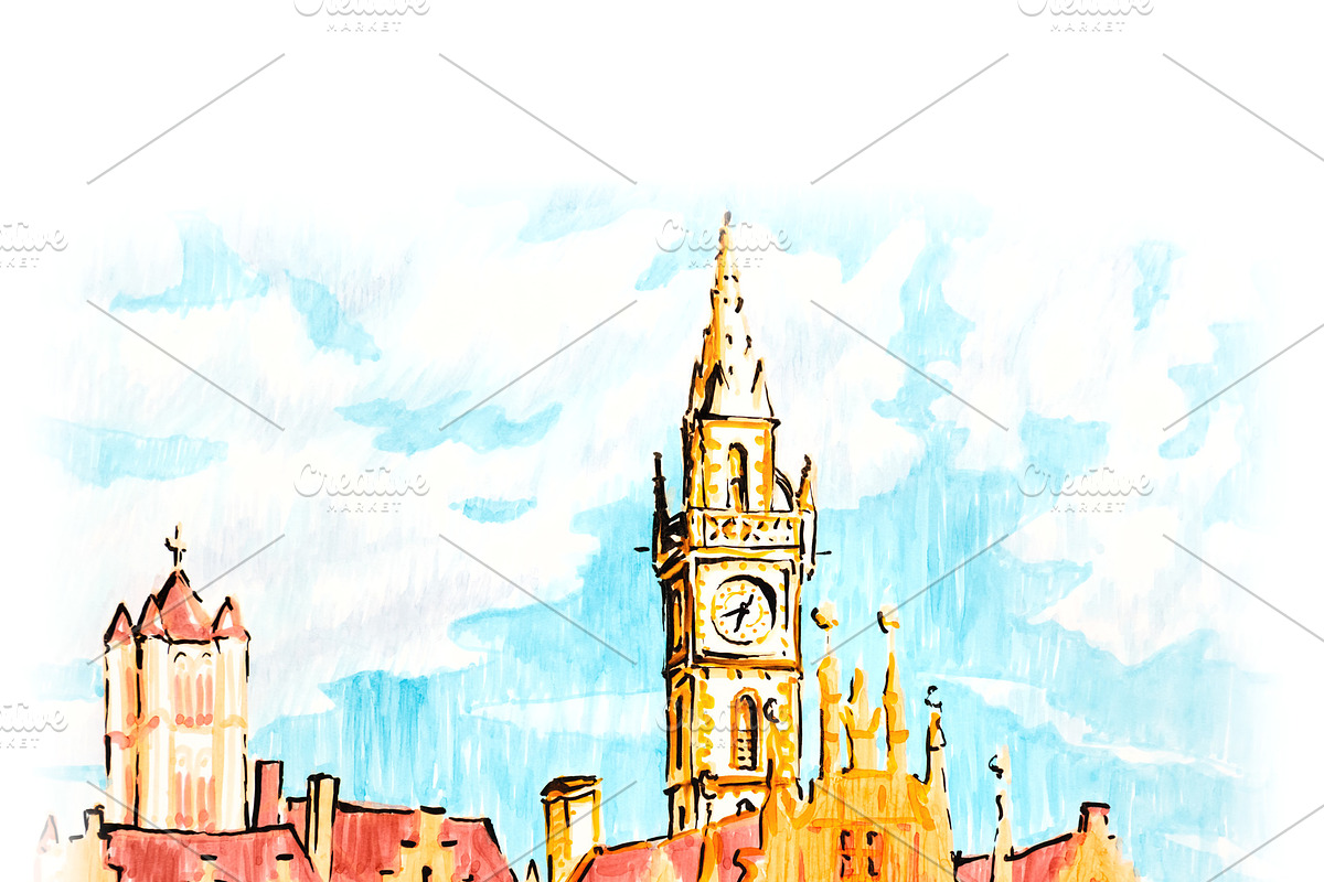 Ghent at sunset, Belgium in Illustrations - product preview 8