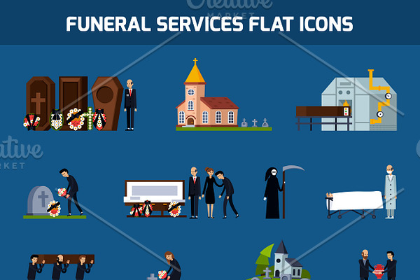 Funeral services flat icon set
