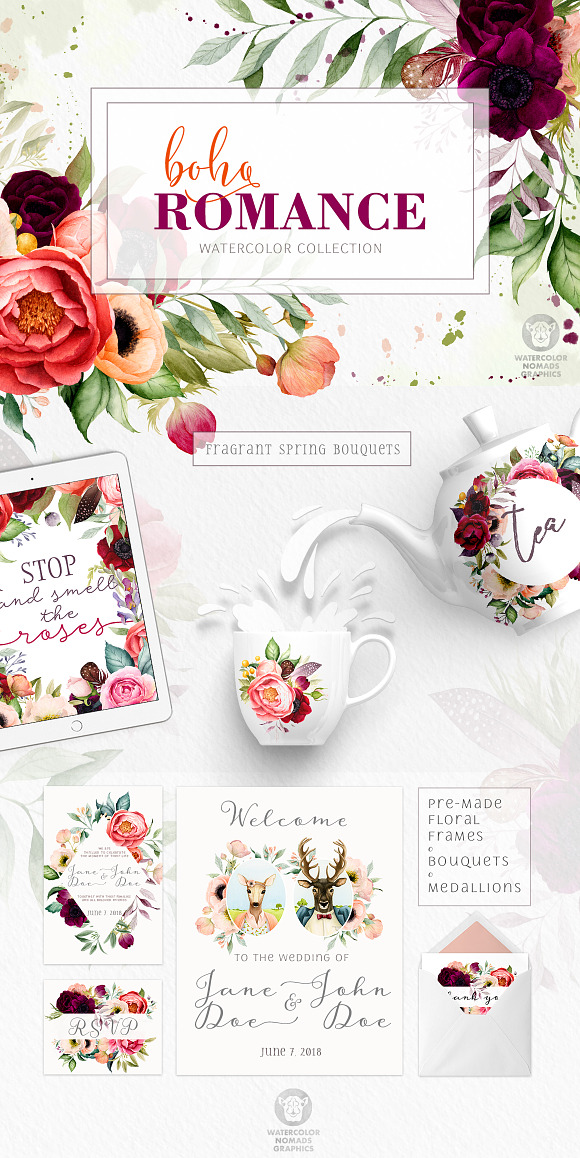 Boho Watercolor Flowers Collection in Illustrations - product preview 7