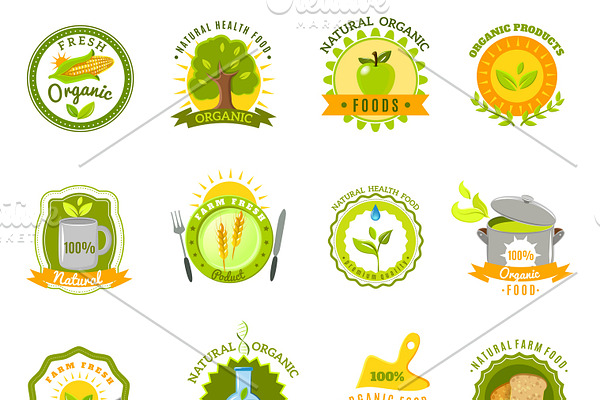 Organic products emblems icons set