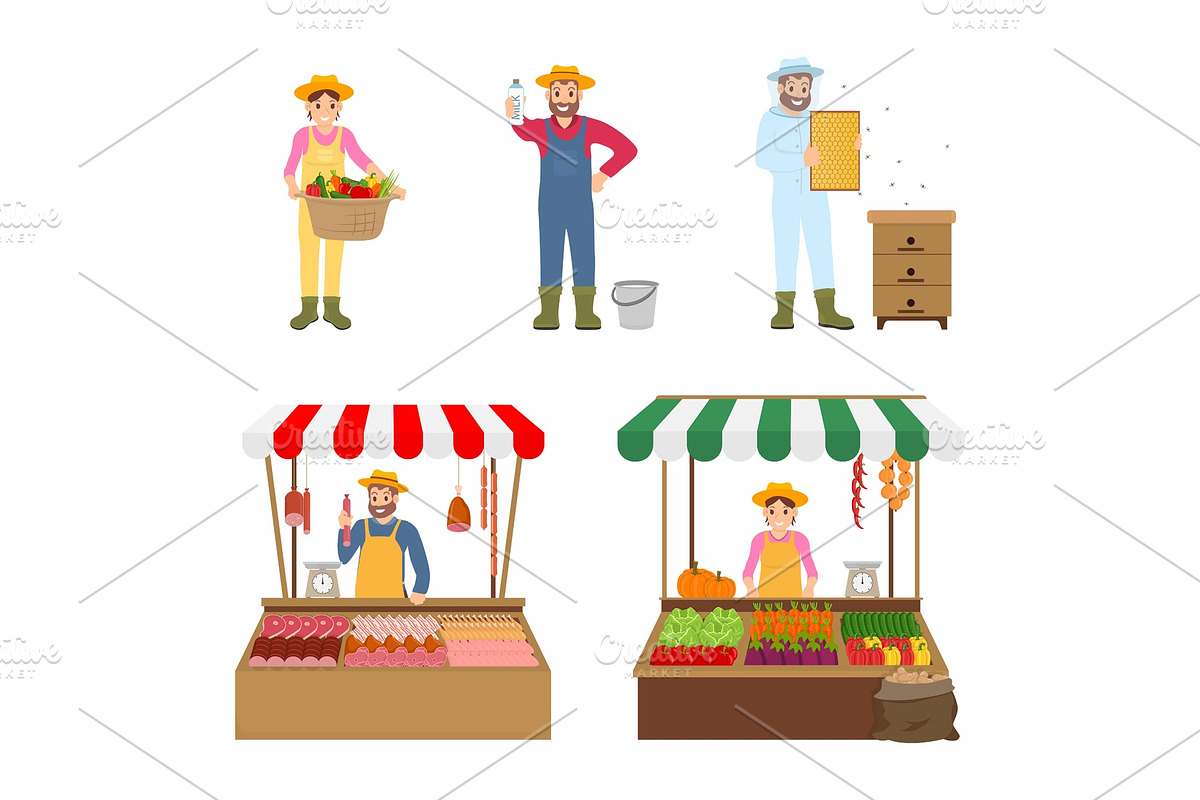 Sellers and Farmers Icons Set Vector in Illustrations - product preview 8