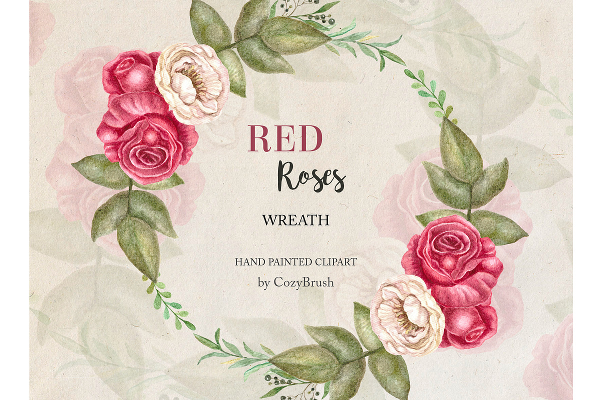 Wreath Red Roses Clipart Watercolor in Illustrations - product preview 8