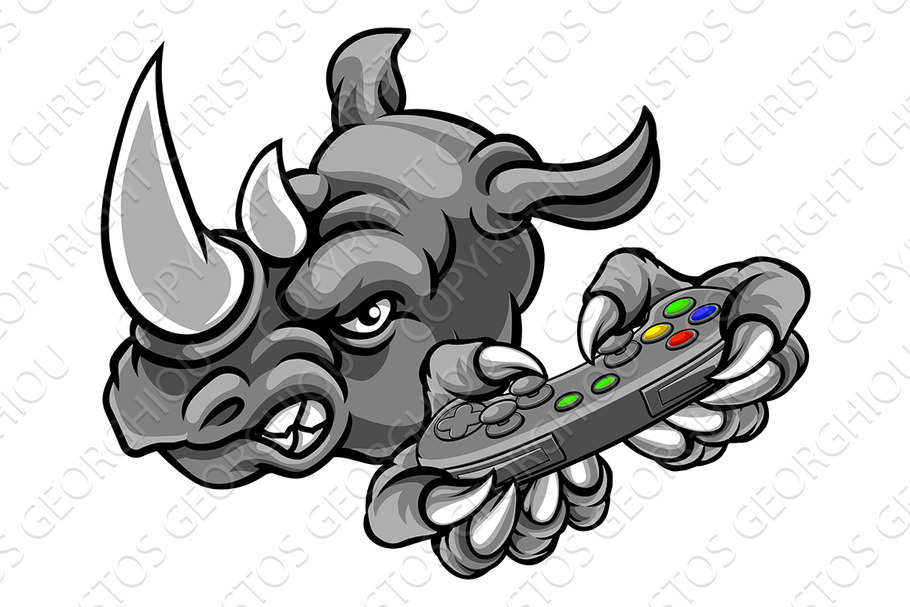 Rhino Gamer Mascot Holding