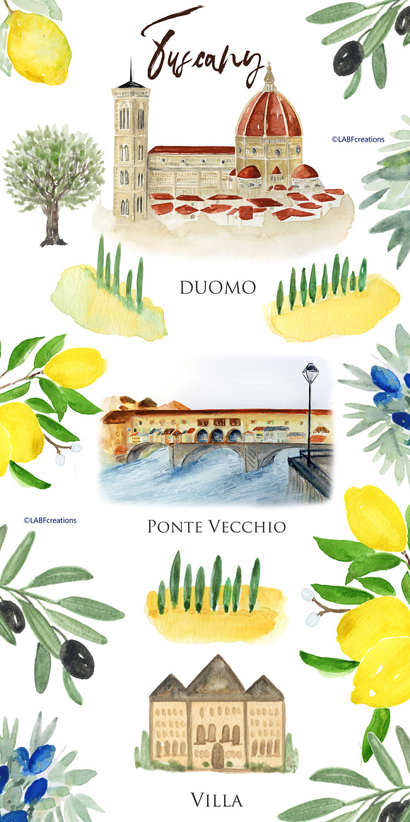 Tuscany Italy Watercolor maps & food in Illustrations - product preview 5
