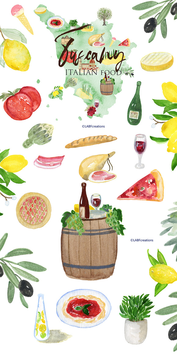 Tuscany Italy Watercolor maps & food in Illustrations - product preview 6
