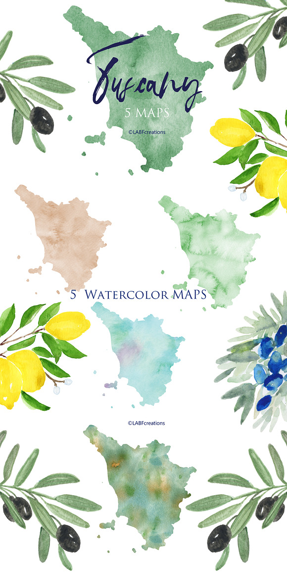 Tuscany Italy Watercolor maps & food in Illustrations - product preview 9