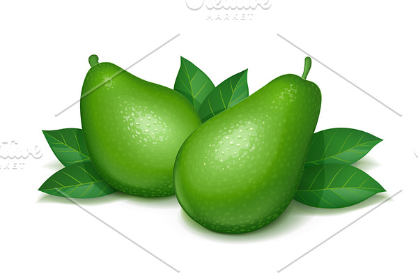Ripe, juicy avocado with green leaf.