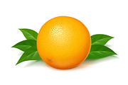 Ripe, juicy orange with green leaf.