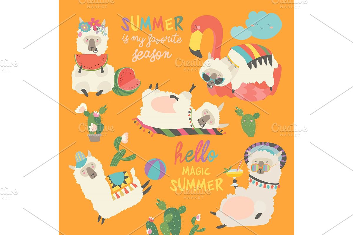 Funny alpaca llama resting in summer in Illustrations - product preview 8