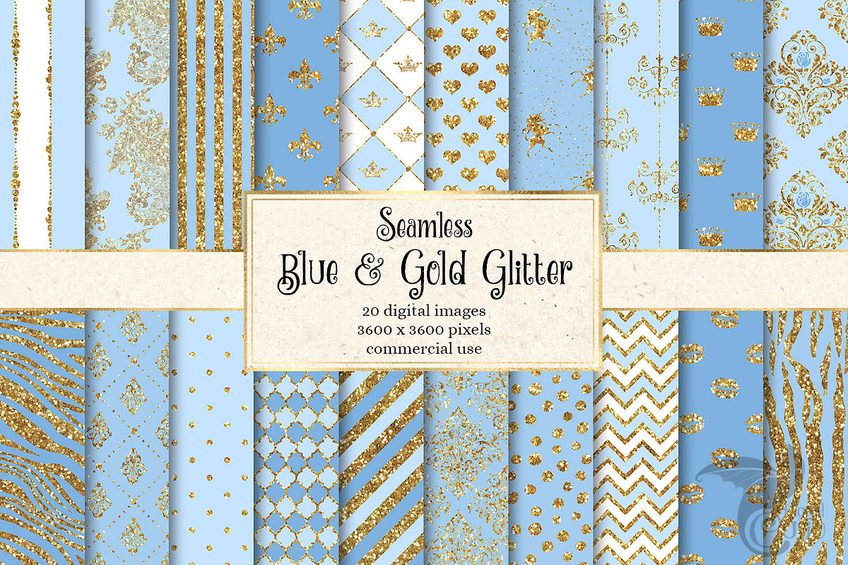 Blue and Gold Glitter Digital Paper in Patterns - product preview 8